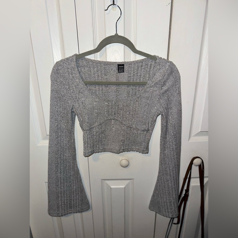 Grey Bell Sleeve Grey Crop Top